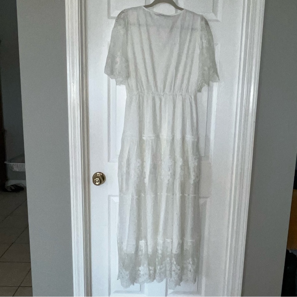 JJ's House Flower Ruffle V-Neck A-line Lace Maxi Dress #‎ 288443 White Large NEW - Picture 14 of 14